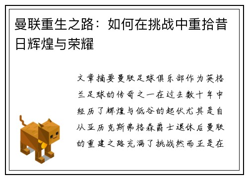 曼联重生之路:如何在挑战中重拾昔日辉煌与荣耀 曼联重生之路:如何在挑战中重拾昔日辉煌与荣耀